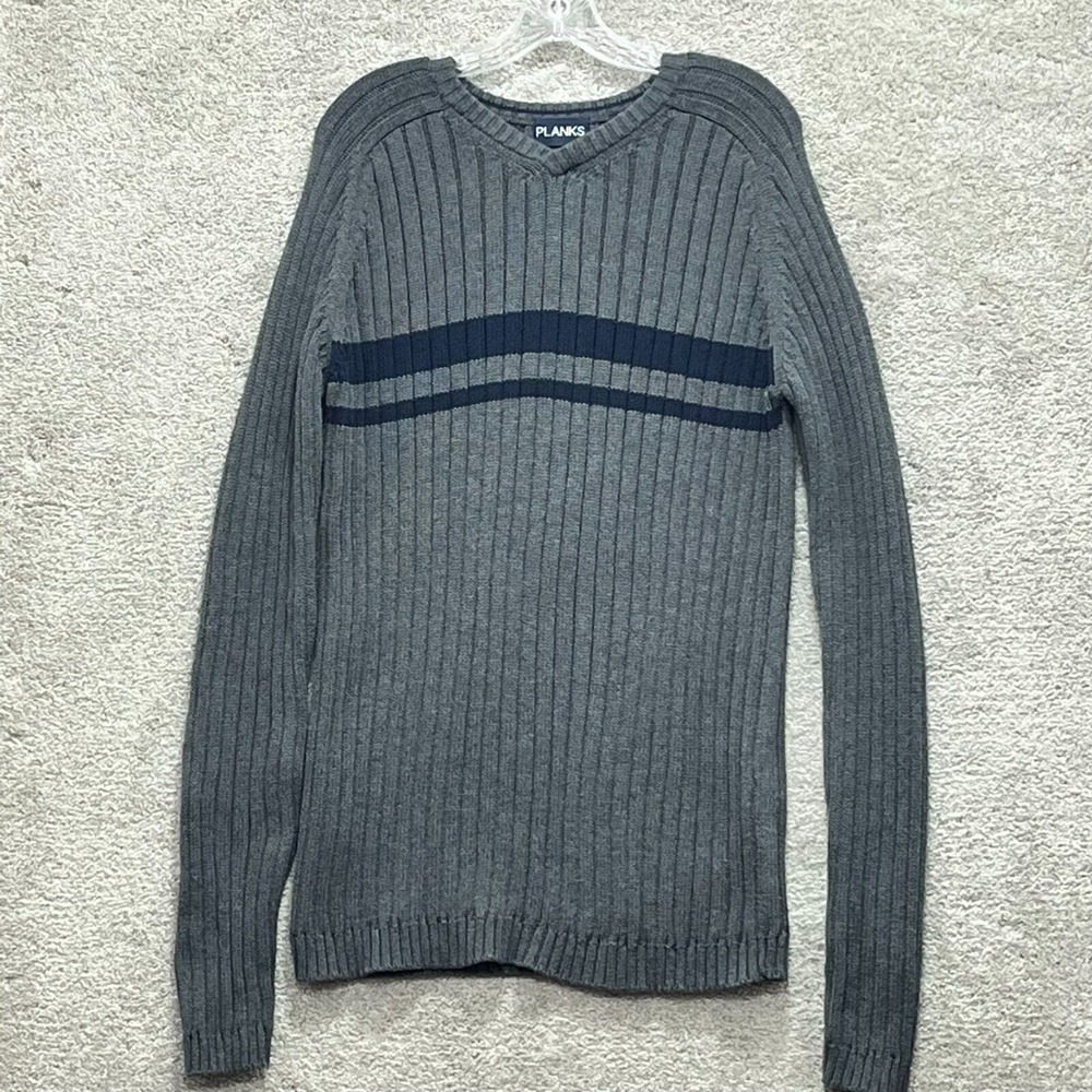 Planks Pullover Sweater Mens Size XL Gray Blue Striped Cotton V-Neck Long Sleeve